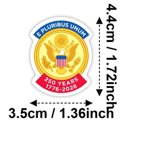 Detail showing the 4.4cm height and 3.5cm width dimensions of the US 250th anniversary sticker