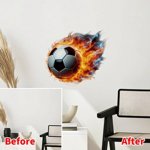 Detail of soccer ball with orange and blue flames wall sticker showing before and after effect