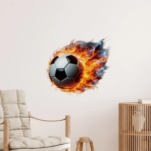 Detailed 3D soccer ball wall sticker with fiery flame effect on a white living room wall