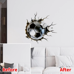 Before and after comparison of 3D football wall sticker crashing through white wall