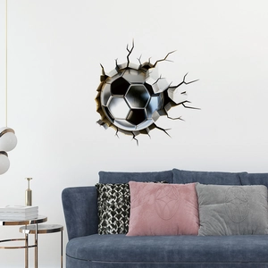 3D soccer ball breaking through wall sticker with silver metallic finish for home decor