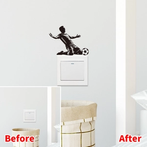 Detail showing the before and after effect of a black soccer player silhouette light switch sticker