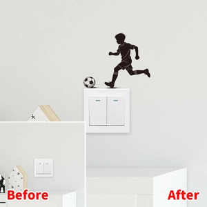 Detail of football boy silhouette switch sticker showing before and after wall decoration