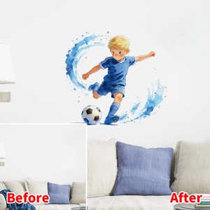 Before and after comparison of watercolor soccer boy wall sticker in a modern living room