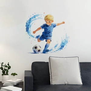 Watercolor Soccer Boy Wall Sticker Waterproof Removable PVC Decal For Kids Bedroom Living Room Sports Theme Decoration