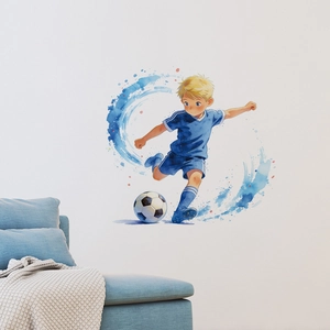Watercolor soccer boy wall sticker with blue sports jersey and splash art for home decor