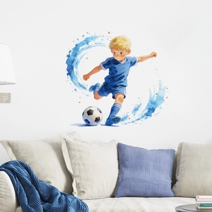 Waterproof soccer boy wall sticker featuring a watercolor sports design for home decor