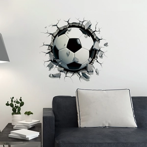 3D football wall decal showing a soccer ball breaking through wall for room decor