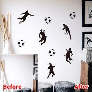 Detail view of soccer player silhouettes and balls before and after on a white wall