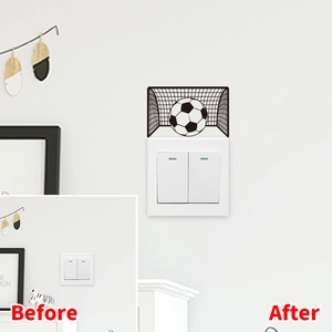 Detail of soccer goal switch wall sticker showing before and after installation effect