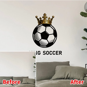 Before and after comparison of crown soccer wall sticker in a modern living room