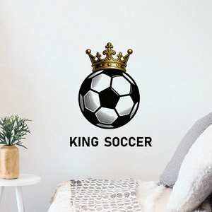 Detail of waterproof soccer ball with crown wall sticker and King Soccer text on wall