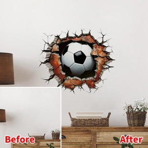3D football wall decal showing a before and after comparison on a modern white wall surface