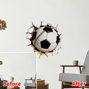 3D cracked wall football sticker before and after comparison in living room decor