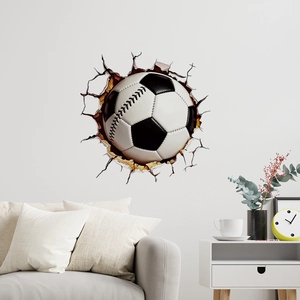 3D wall sticker with a football breaking through a wall for modern living room decor