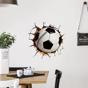 3D football wall sticker with broken wall effect on a modern minimalist living room wall