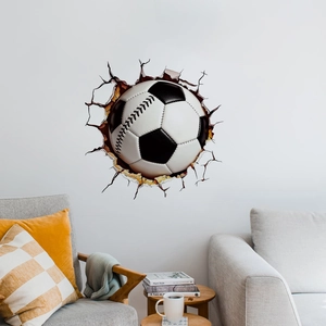 3D soccer ball wall decal breaking through wall for modern living room decor