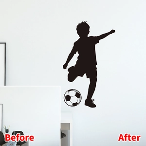 Before and after comparison of a black football player silhouette wall decal in a room