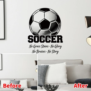 Soccer wall sticker with motivational phrase No Grass Stains No Glory on living room wall