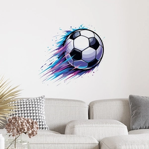 Adesivo murale calcio dinamico con effetto schizzi blu e viola sulla parete di un soggiorno