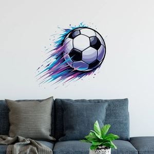 Adesivo murale calcio dinamico con spruzzi blu e viola su una parete del soggiorno