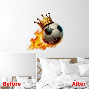 Before and after comparison of flaming soccer ball wall sticker with crown on bedroom wall