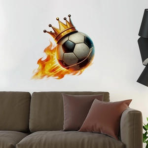 Detail of creative football wall sticker with flame and crown in modern living room