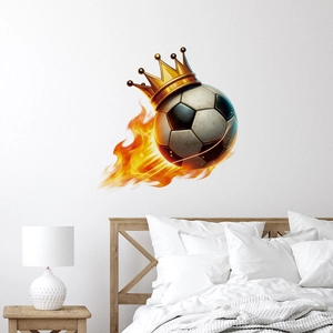 Waterproof PVC football wall decal with flaming soccer ball and golden crown for room decor