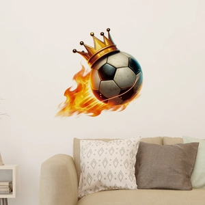 Waterproof PVC soccer wall sticker featuring a flaming football with golden crown