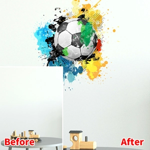 Adesivo murale calcio 3D con schizzi di acquerello colorati, decorazione effetto prima dopo