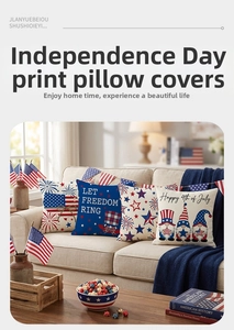 Close-up of four July 4th USA Independence Day pillow covers with festive gnome prints