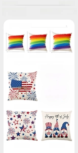 Size guide for July 4th pillow covers in 40x40cm, 45x45cm, and 50x50cm with insert tips