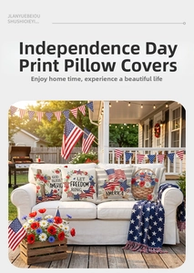 Close-up of Independence Day pillow covers with rustic linen texture and festive American prints
