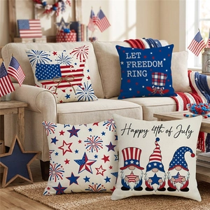 Patriotic Independence Day Pillow Covers American Flag Stars Stripes Fireworks Gnome Pattern Linen Look Decoration For Home Couch