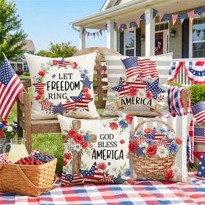 Patriotic Independence Day Pillow Covers American Flag Floral Wreath Print Polyester Linen Texture For Sofa Couch Decor