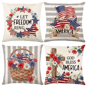 Set of 4 Independence Day pillow covers with American flag and patriotic floral designs