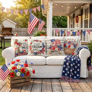 Set of four Independence Day pillow covers with vintage American flag floral designs