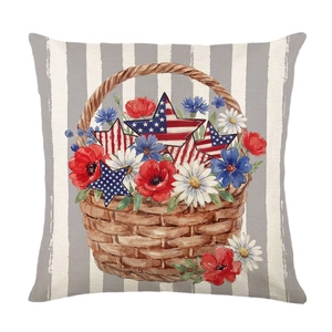 Independence Day pillow cover with American flag stars, floral basket and stripe pattern