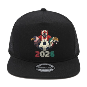 Detail of 2026 World Cup logo with soccer and animals on black snapback mesh cap