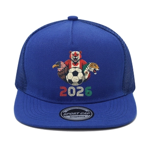 Detail of 2026 soccer snapback with eagle and bear print on blue mesh crown