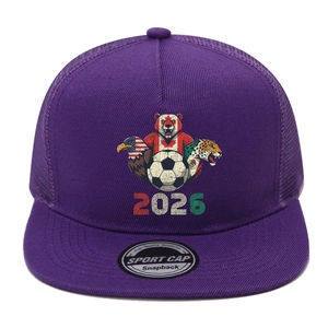 Detailed close-up of purple 2026 soccer snapback hat with mesh back and event graphics
