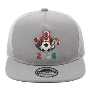 Detail of grey and white 2026 soccer trucker hat featuring North American motifs