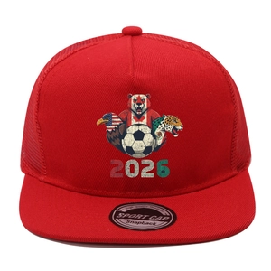 Red 2026 World Cup theme baseball cap with animal graphics and breathable mesh back