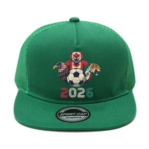 Green 2026 World Football theme snapback hat with mesh back and flat brim style