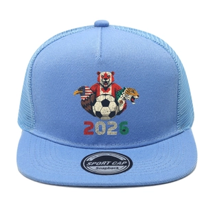 Close-up of a light blue 2026 sports cap featuring colorful football animal graphics