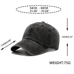 Detailed size chart for vintage washed cotton baseball cap with adjustable strap fit