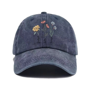 Vintage Washed Cotton Baseball Cap With Floral Embroidery Adjustable Curved Brim Dad Hat For Women And Men