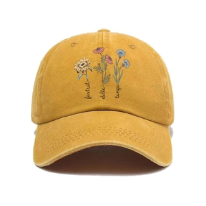 Vintage mustard yellow washed canvas baseball cap with botanical floral print and embroidery