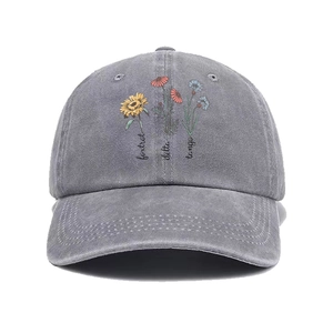 Vintage washed dark grey cotton baseball cap with colorful sunflower floral embroidery