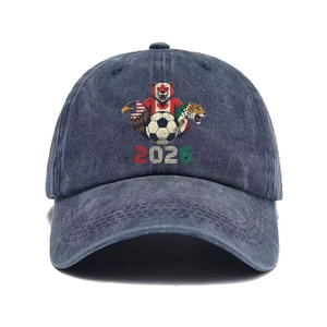 Front view of washed navy baseball cap featuring 2026 World Cup graphic and cotton texture